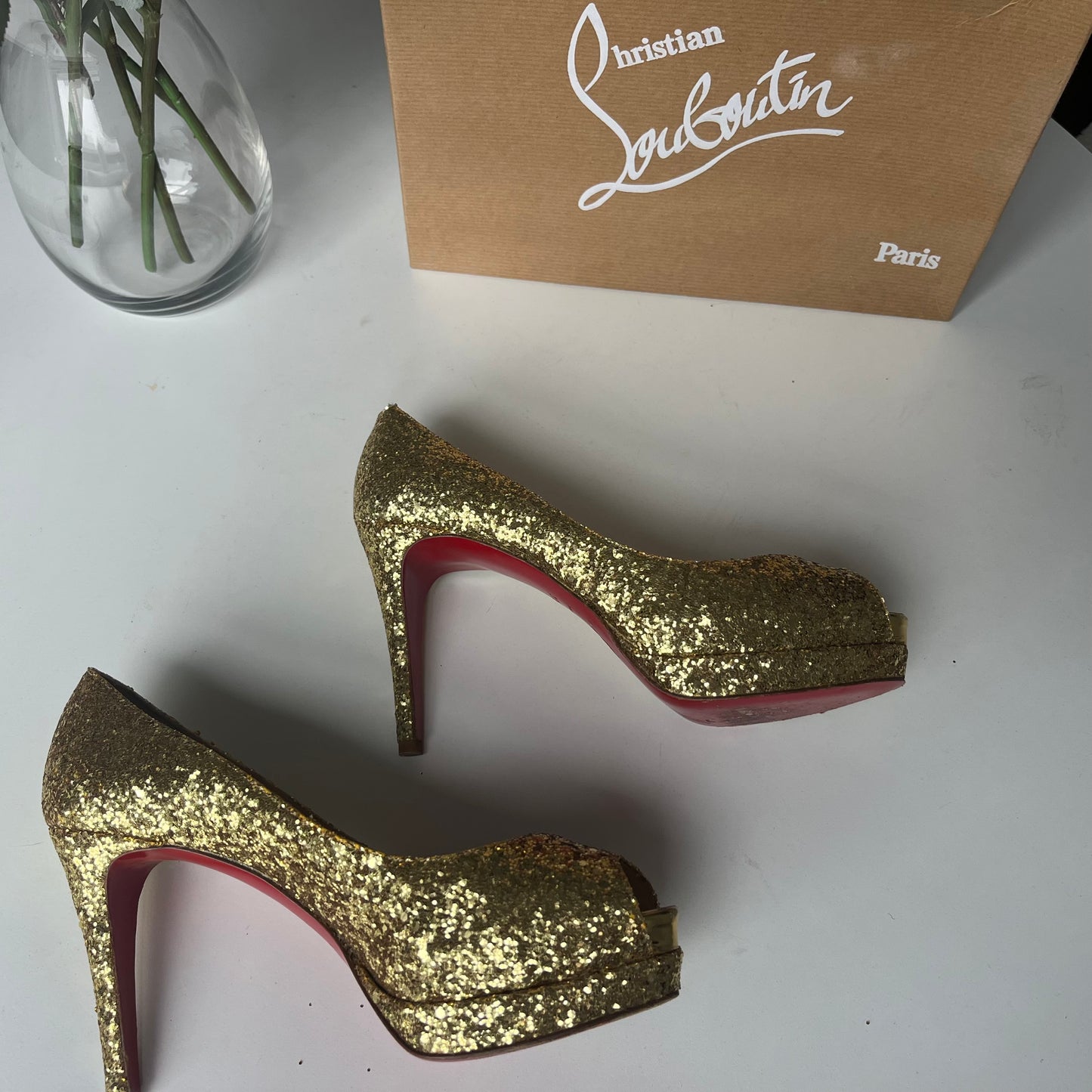 Christian Louboutin Altadama 100 Gold Glitter Platform Peep-Toe Heels - Size 37.5