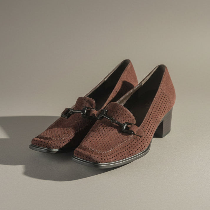 Vintage Stuart Weitzman Brown Suede Perforated Square Toe Heeled Loafers