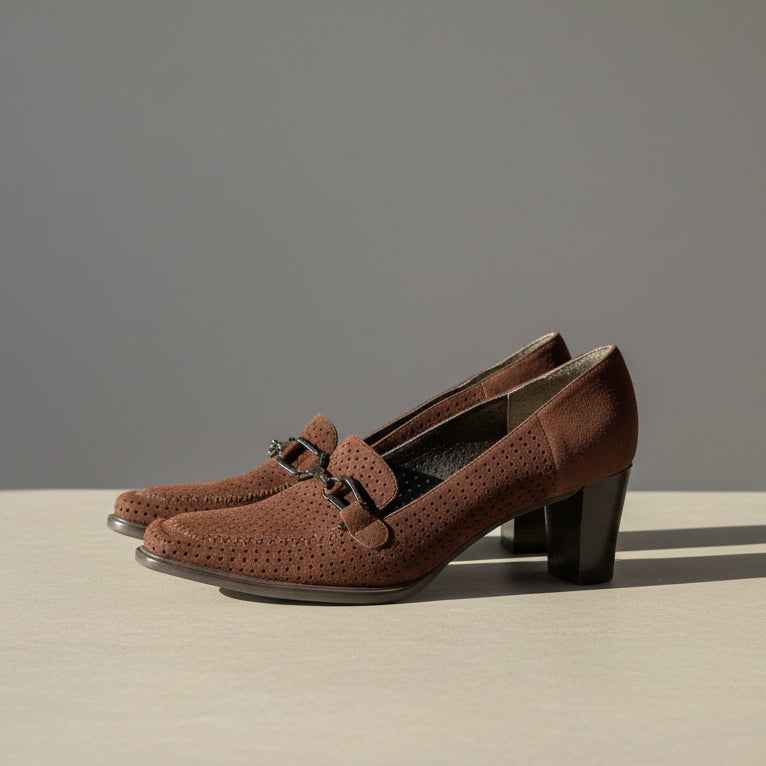 Vintage Stuart Weitzman Brown Suede Perforated Square Toe Heeled Loafers