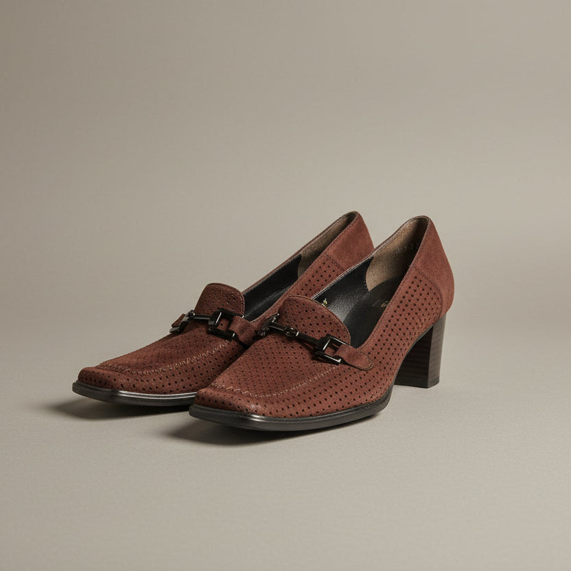 Vintage Stuart Weitzman Brown Suede Perforated Square Toe Heeled Loafers