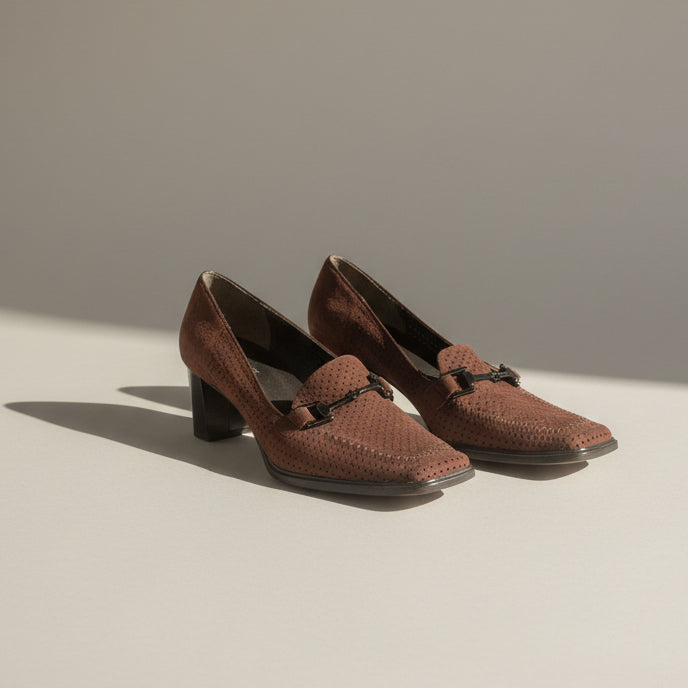 Vintage Stuart Weitzman Brown Suede Perforated Square Toe Heeled Loafers