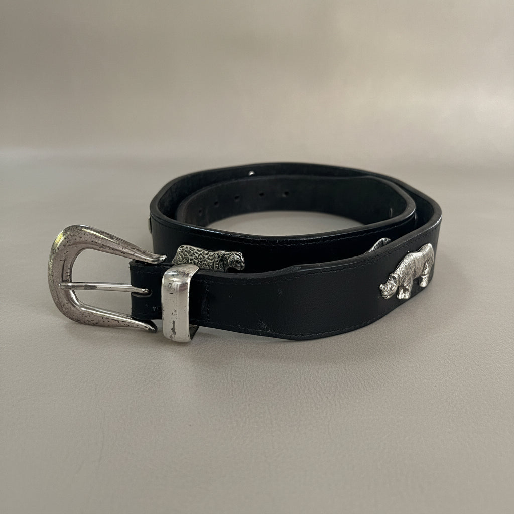 Vintage Black Leather Belt with Sculptural Animal Hardware