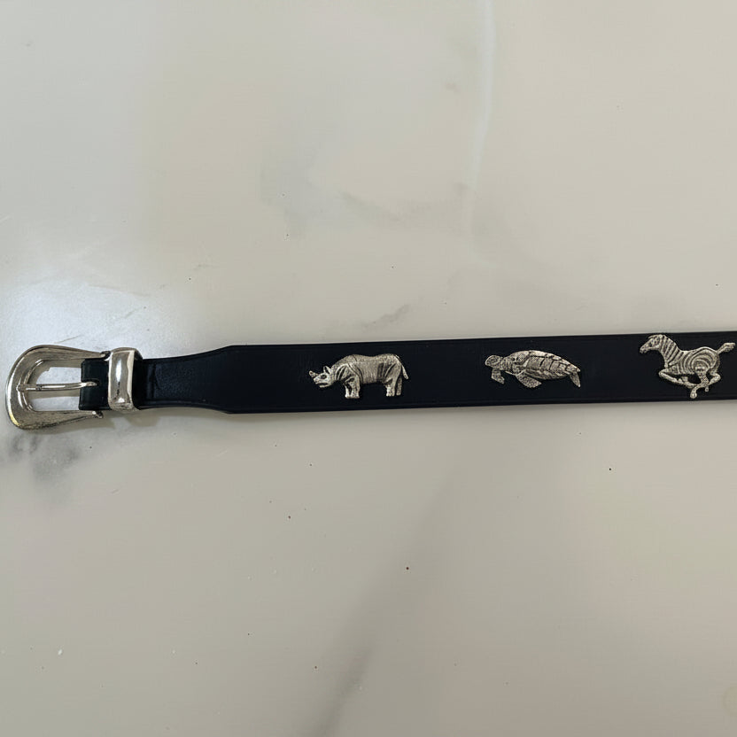 Vintage Black Leather Belt with Sculptural Animal Hardware