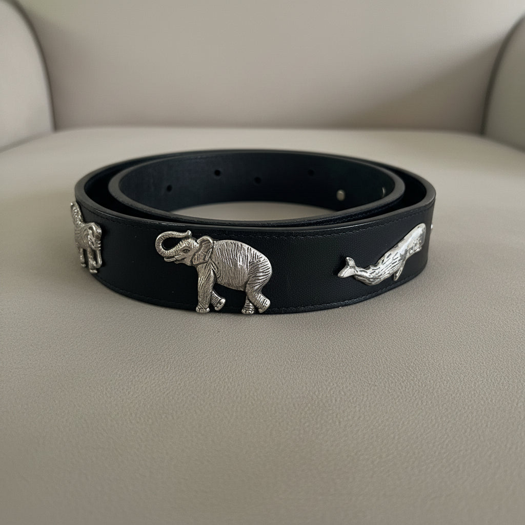 Vintage Black Leather Belt with Sculptural Animal Hardware