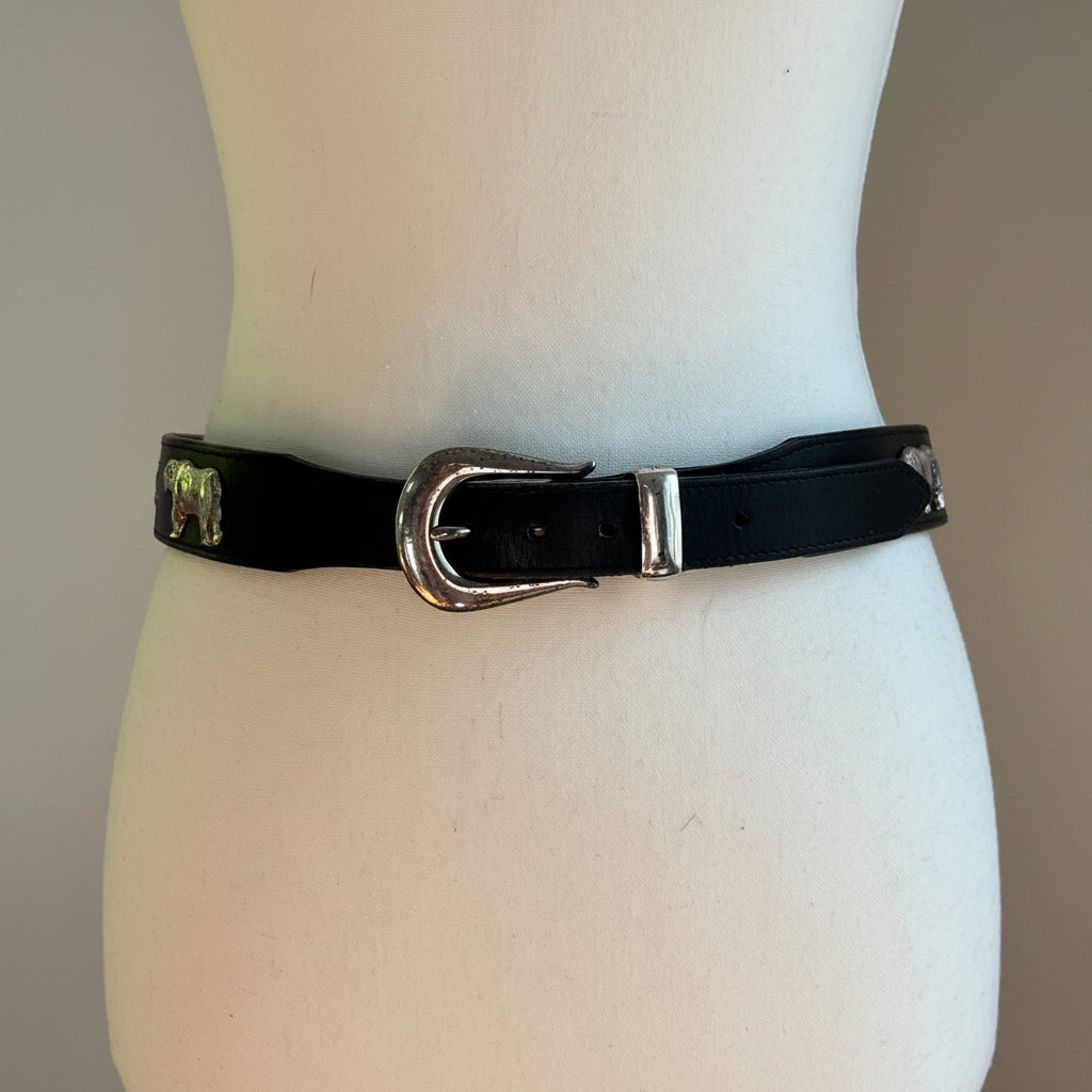 Vintage Black Leather Belt with Sculptural Animal Hardware