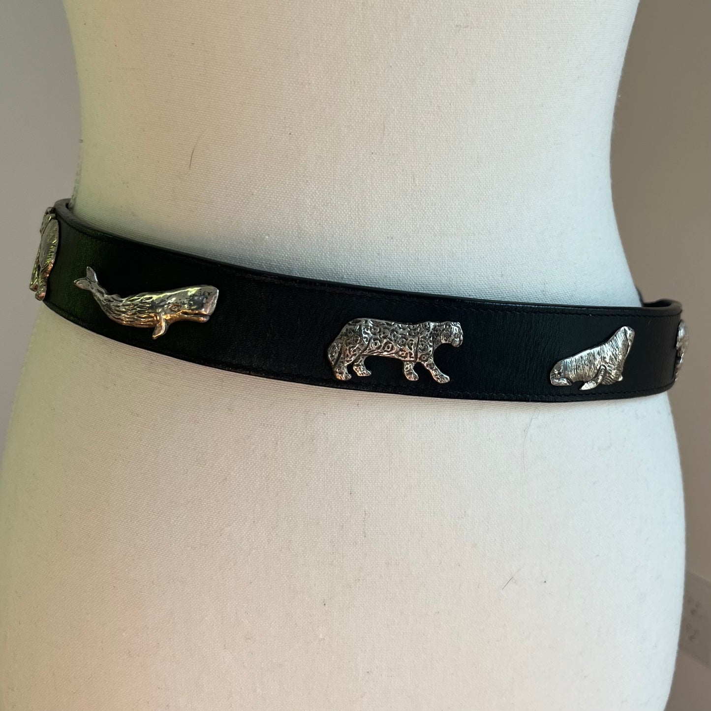 Vintage Black Leather Belt with Sculptural Animal Hardware
