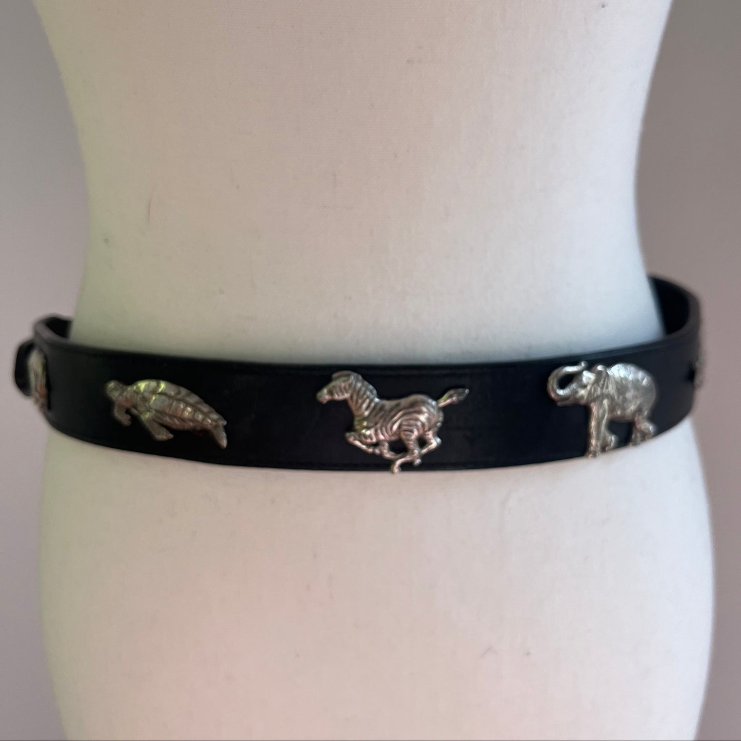 Vintage Black Leather Belt with Sculptural Animal Hardware