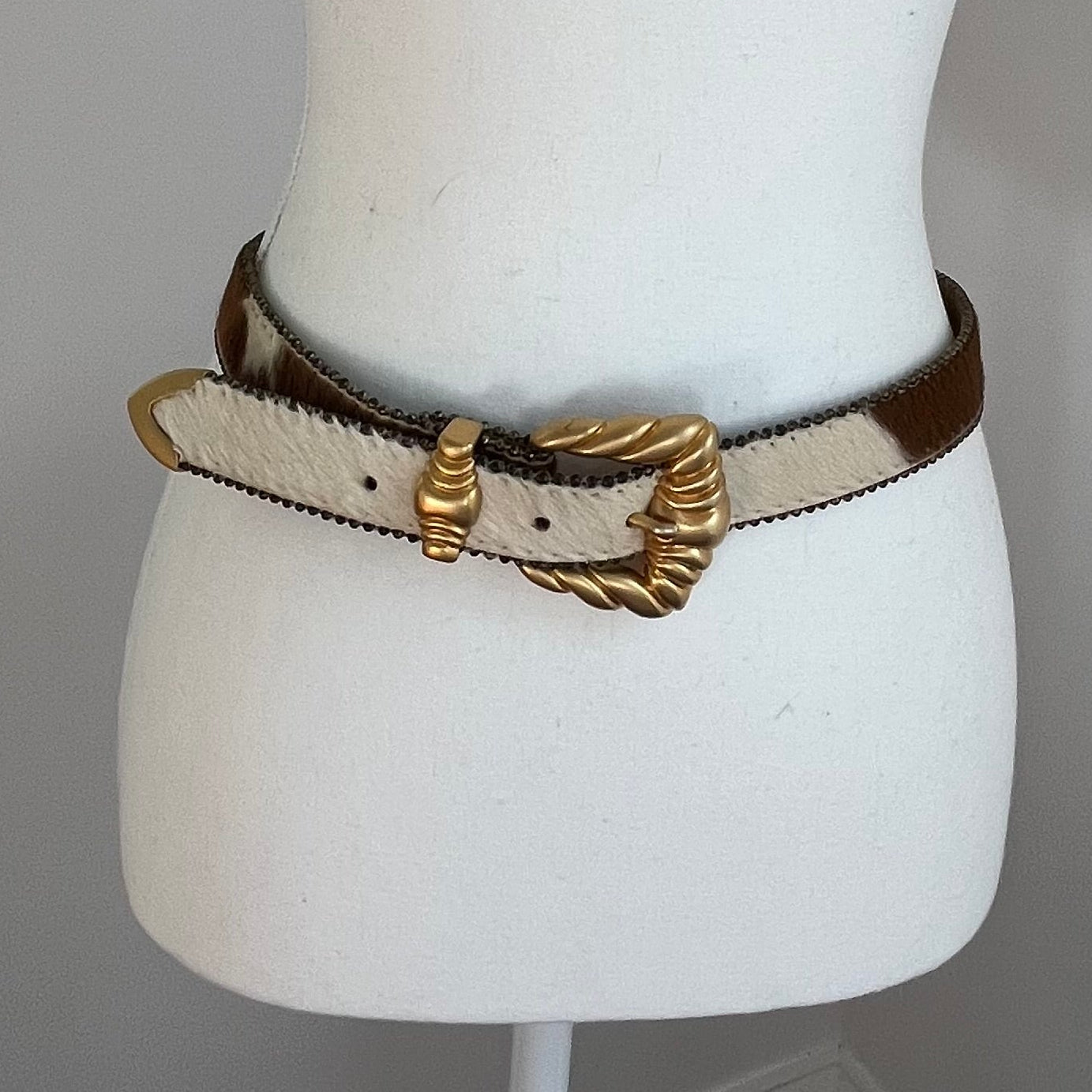 Cream and Tan Pony-hair Belt with Gold Buckle