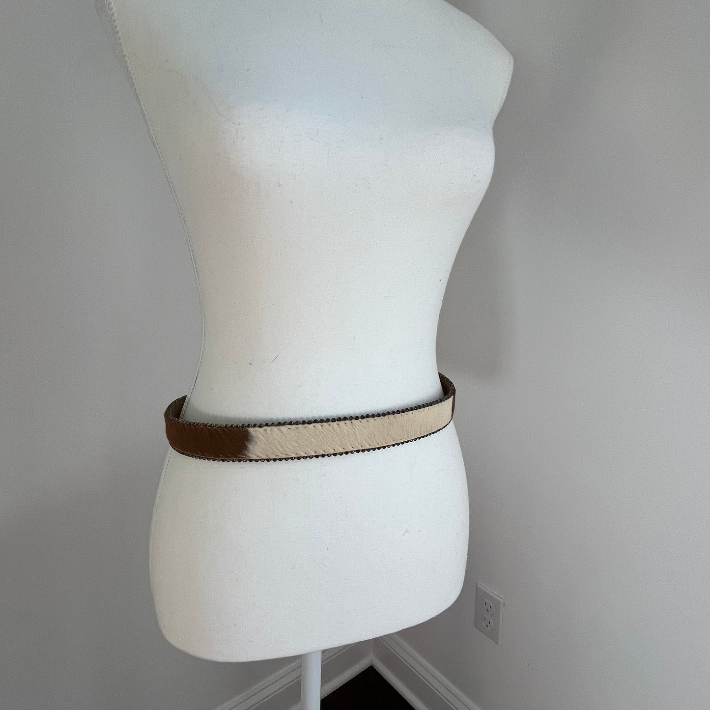 Cream and Tan Pony-hair Belt with Gold Buckle