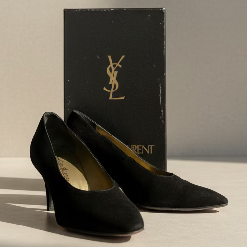 Vintage Yves Saint Laurent Black Suede Pump in box - Size 8.5