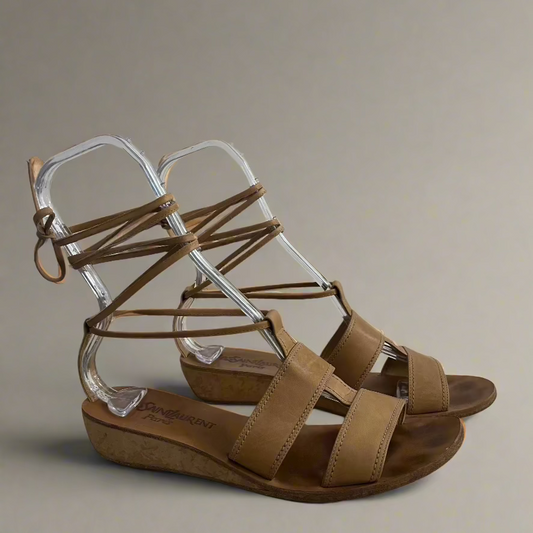Vintage Yves Saint Laurent Nude Leather Wrap up Gladiator Sandal - Size 8.5
