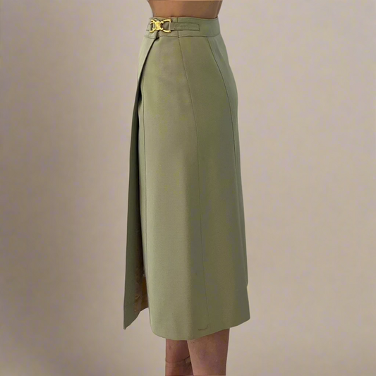 Vintage CELINE Leather Detailed Sage Colored Wrap Skirt with Gold Logo - Small