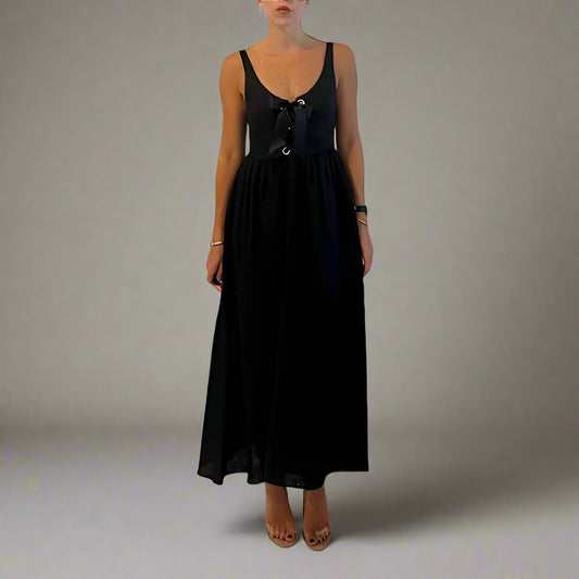 Mara Hoffman Black Organic Linen Lace Up Midi Dress - Size 2