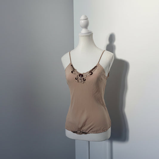 Vintage Beaded Silk Camisole – Champagne Tan - Size Small