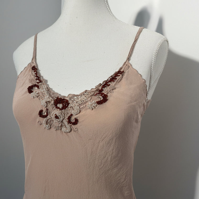 Vintage Beaded Silk Camisole – Champagne Tan - Size Small