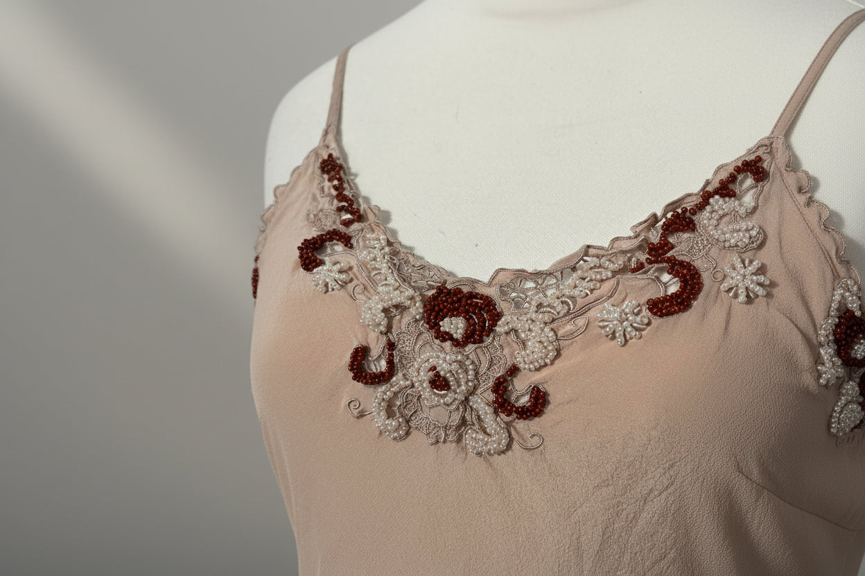 Vintage Beaded Silk Camisole – Champagne Tan - Size Small