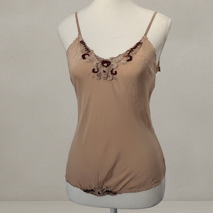 Vintage Beaded Silk Camisole – Champagne Tan - Size Small