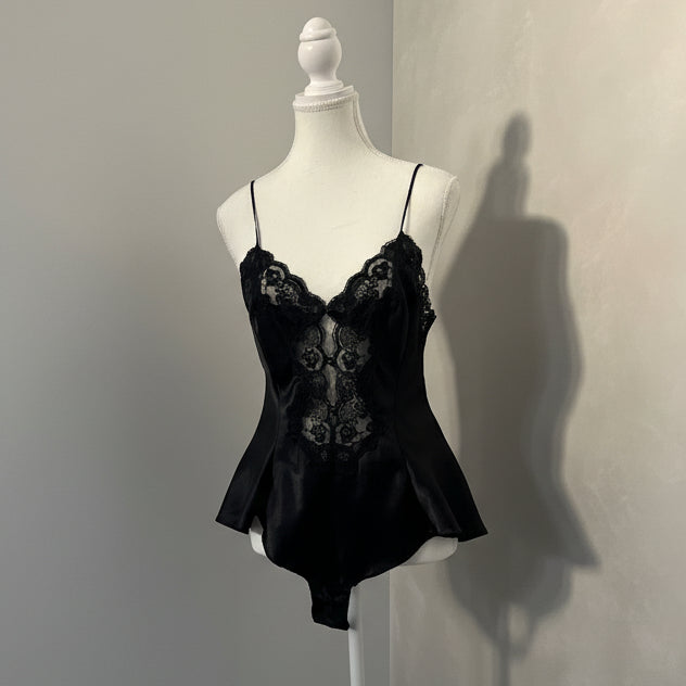 Vintage Victoria's Secret Black Silk Lace Teddy